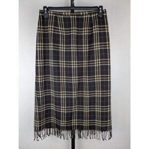 Vintage Sag Harbor Midi Length Wool Skirt with Fringe black tan red plaid